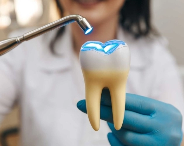 Dental model showing filling restoration with blue curing light.